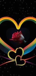 Mobile wallpaper with vibrant hearts and a red rose on a black background.