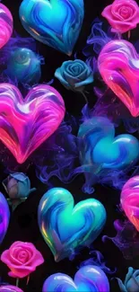 Neon hearts and roses mobile wallpaper with vibrant colors.