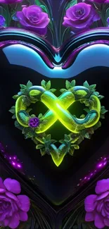 Neon heart and purple roses wallpaper design.