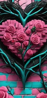 Heart-shaped pink roses with black branches on brick wall.