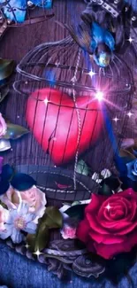 Heart in cage with vibrant roses art wallpaper.