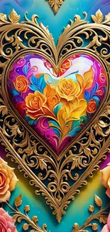 Colorful heart with gold ornate design and roses.