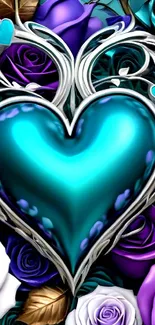 Turquoise heart with purple roses wallpaper design.