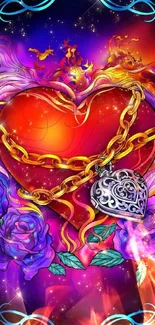 Vibrant heart with golden chain and blue roses.