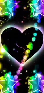 Colorful neon heart and stars wallpaper with a glowing effect.