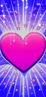 Vibrant wallpaper with pink heart and stars on blue background.