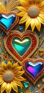 Bright wallpaper with hearts and sunflowers.