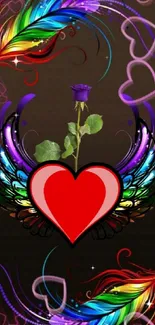 Red heart with colorful wings and a purple rose on a vibrant background.