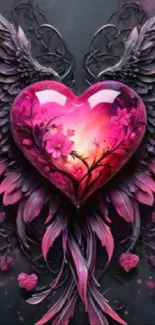 Vibrant wallpaper of a glowing pink heart with floral wings.