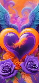 Vibrant heart with wings and roses in colorful artwork.