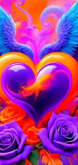 Colorful heart with wings and roses wallpaper.