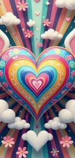 Colorful heart with wings, clouds, and flowers on a vibrant background.