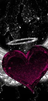 Vibrant magenta heart with angel wings on a cosmic black background.