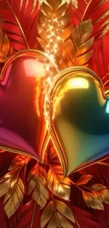 Two glossy hearts with golden leaves background