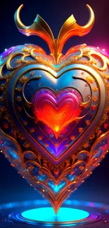 Intricate, vibrant heart design in orange, blue, and pink tones for mobile wallpaper.