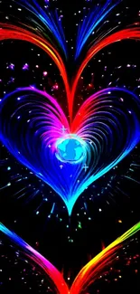 Vibrant neon heart art wallpaper with colorful lines and abstract design.