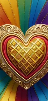 Colorful ornate heart art with rainbow background.