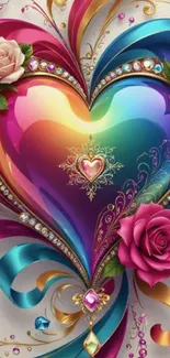 Colorful heart-themed wallpaper with roses and decorative elements.