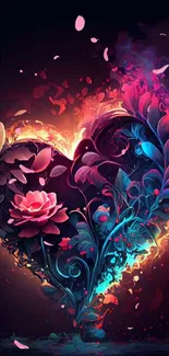 Vibrant heart-shaped floral artwork on a dark background.