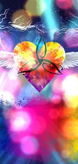 Vibrant winged heart with colorful background.