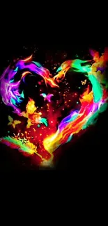 Vibrant heart-shaped art with neon colors and butterflies on black background.