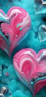 Heart-themed wallpaper with pink and blue hues creating a romantic, vibrant art scene.