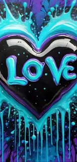 Neon heart with bold colors and love text in artistic design.