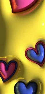 Colorful 3D heart-shaped designs on bright yellow background.