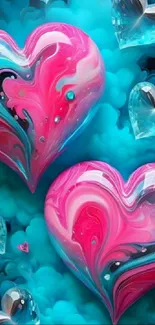 Colorful heart design with pink and blue swirls on a mobile wallpaper background.