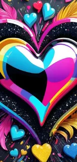 Colorful heart-themed mobile wallpaper with vibrant 3D design.