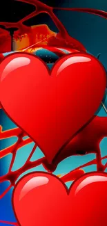 Red hearts with vibrant abstract art in the background.