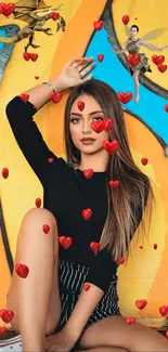 Stylish woman with 3D red hearts on colorful wall background.