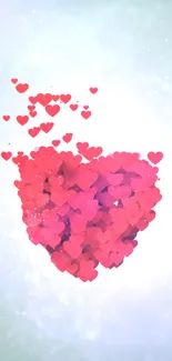 Mobile wallpaper of a cluster of red hearts on a soft blue background.