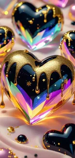 Glossy heart with gold drip and vibrant colors on mobile wallpaper.