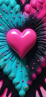 Vibrant pink heart design with colorful splashes.