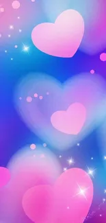 Mobile wallpaper with pink hearts on a blue background.