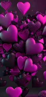 Vibrant purple heart balloons forming an artistic cluster.