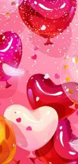 Colorful heart balloons on a pink background, creating a festive and romantic feel.