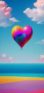 Colorful heart-shaped balloon floats in a vibrant sky above a vivid landscape.
