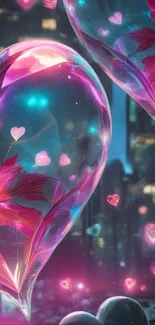 Vibrant glowing heart balloons in urban nightscape.