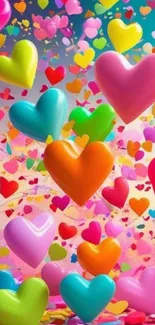 Vibrant heart balloons in a colorful sky wallpaper.