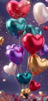 Colorful heart balloons floating on vibrant background.