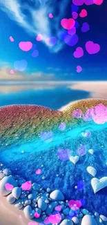 Colorful heart-shaped beach with pink heart overlays.