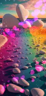 Vibrant beach scene with heart shapes and a rainbow path.