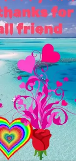 Vibrant heart and rose design on beach background.