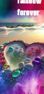 Colorful heart on a beach with vibrant pebbles and a beautiful sunset.