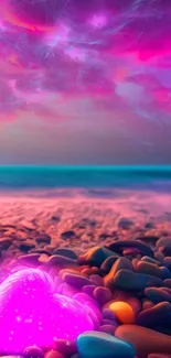 Vibrant heart glowing on a colorful beach under a purple-pink sunset sky.