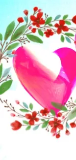 Pink heart with floral wreath on vibrant background.