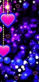 Electric purple wallpaper with hanging neon hearts and bokeh lights.