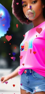 Stylish girl with floating hearts in vibrant pink.